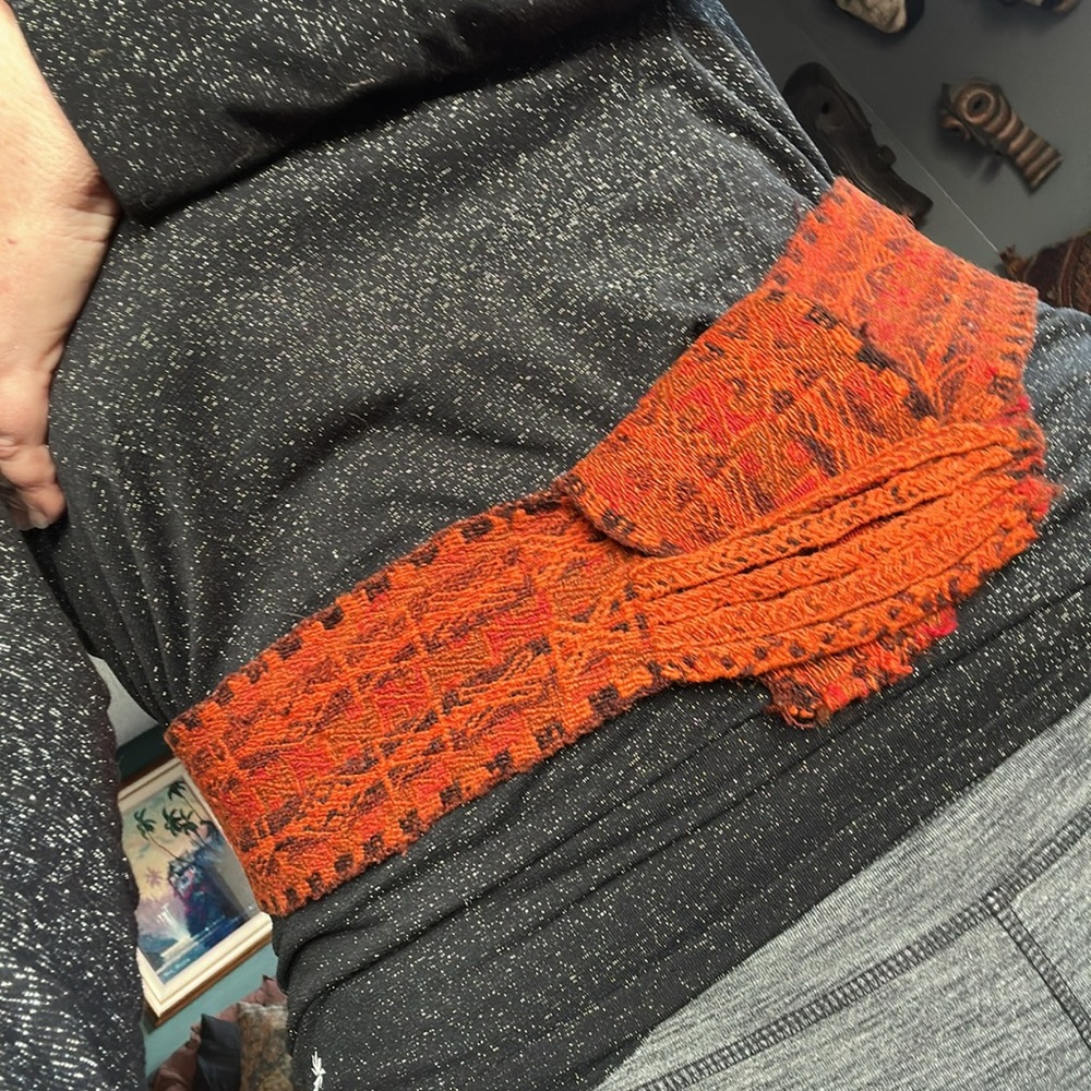 Ethnic handmade artisan cloth belt in burnt orange colors. Great dress accent